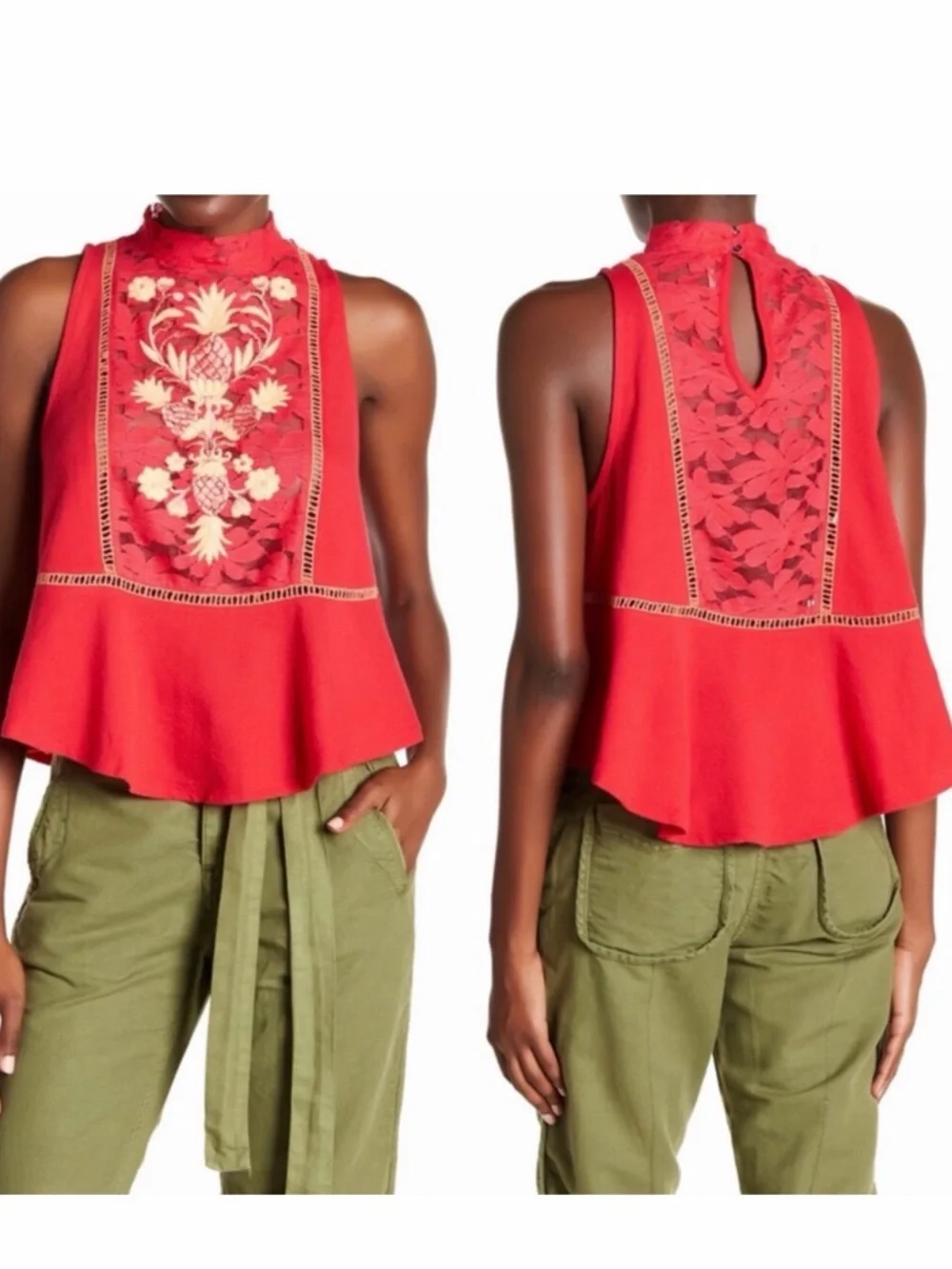 Free People Boho Cottagecore Pineapple Lace Embroidered Flora Swing Tank Top - Picture 2 of 8